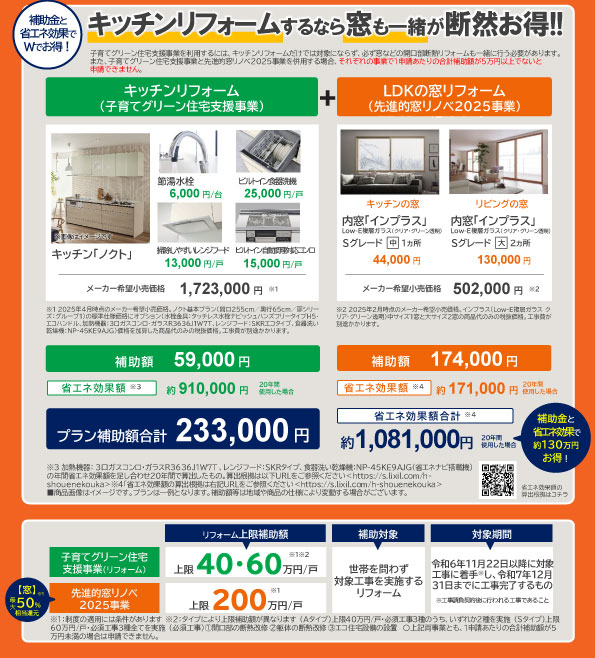 2025年補助金を利用してキッチン+窓リフォームの補助額