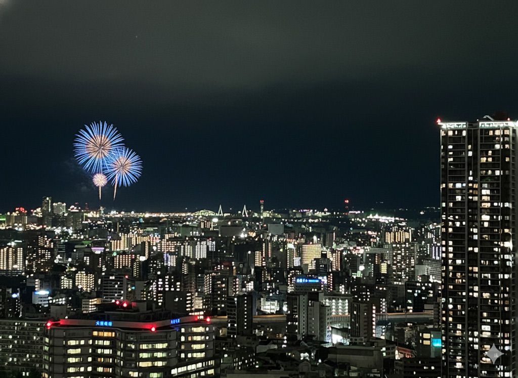 大阪市福島区タワーマンションの夜の景色(花火)