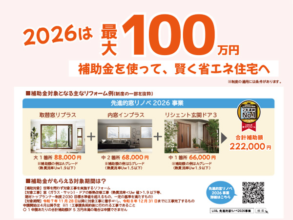 窓リノベ2026の補助額の例（リクシル製品）