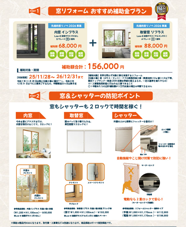 窓リノベ2026の補助金を使って、防犯対策をした時の補助額例（リクシル製品）